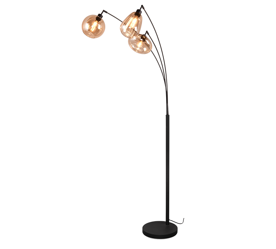 lampada da terra ad arco con tre luci e base rotonda nera