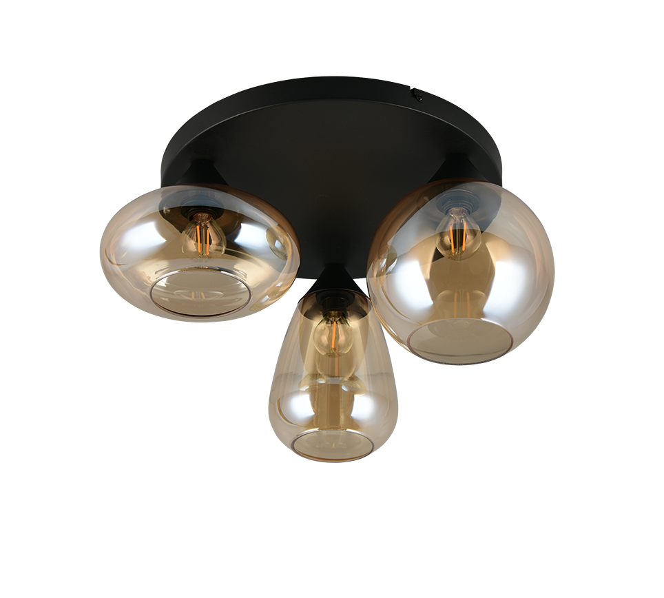plafoniera da soffitto trio lighting lumina metallo nero opaco con tre diffusori in vetro ambrato vista prospettica