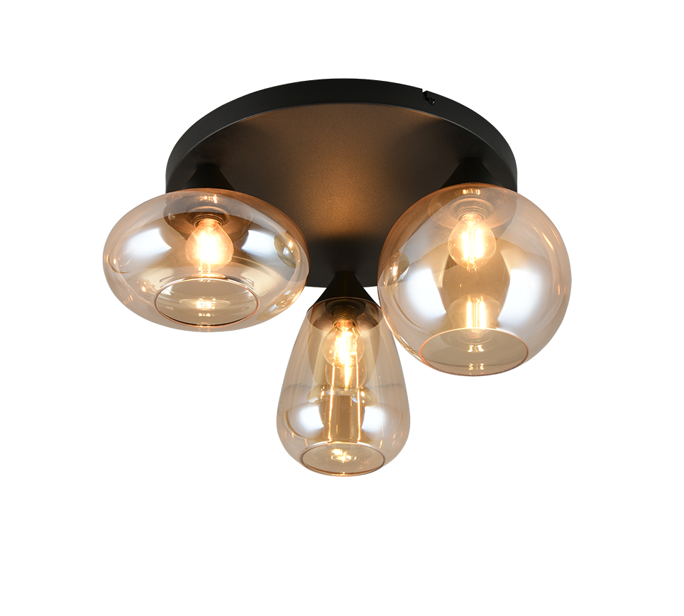 plafoniera da soffitto trio lighting lumina con tre punti luce e vetro ambrato accesa