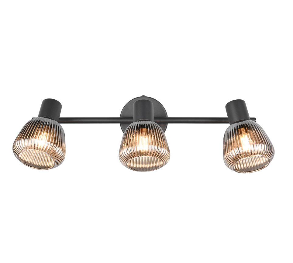 dettaglio faretto 3 spot accesi metallo nero e vetro trasparente cromato orientabile