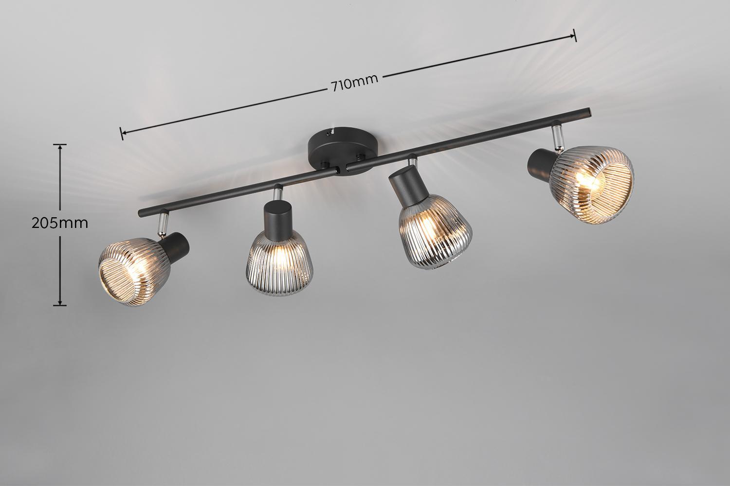 barra luminosa 4 spot orientabili in metallo nero e vetro montata a soffitto