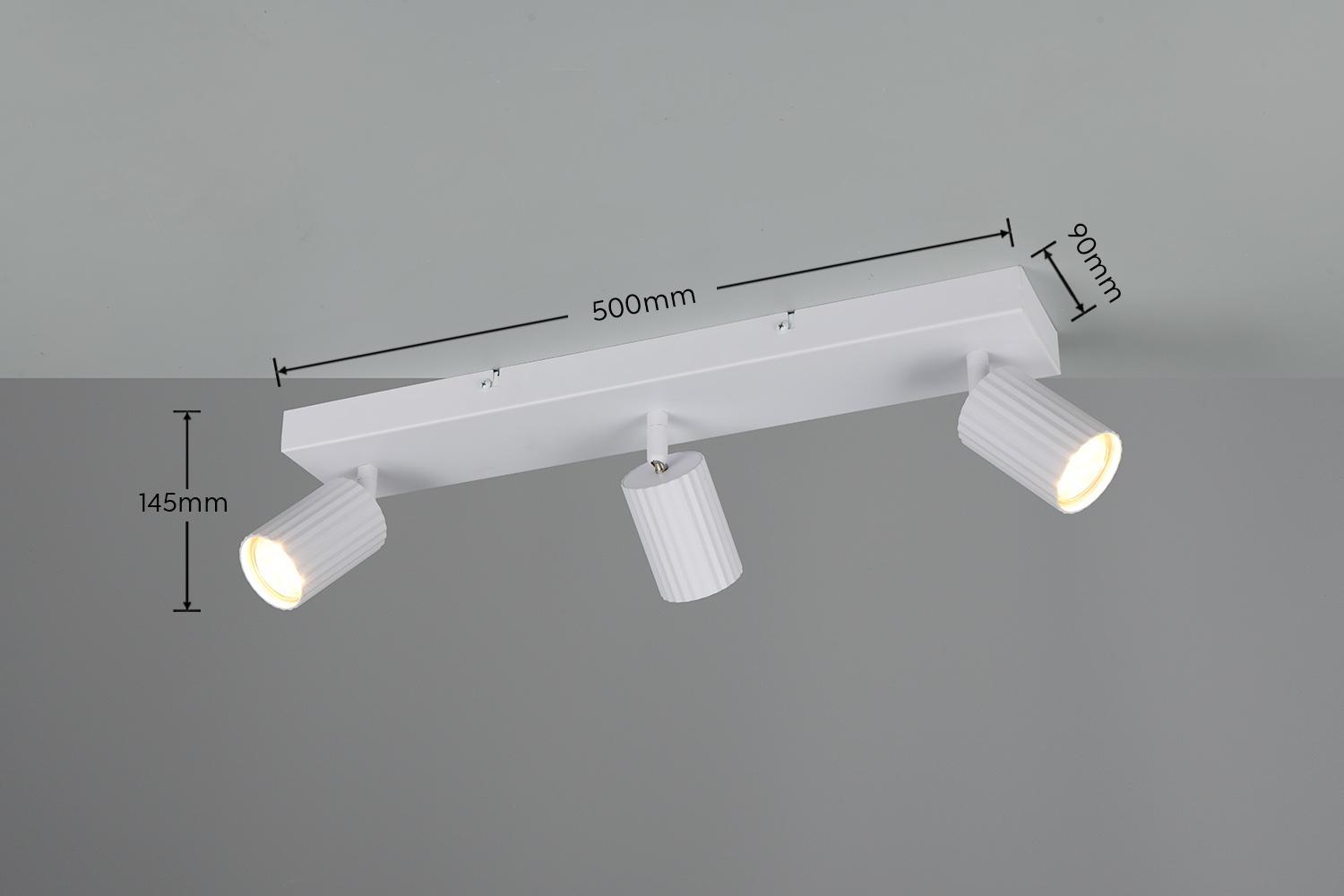 dettaglio misure barra faretto trio lighting 3 spot bianco orientabile per illuminazione interna