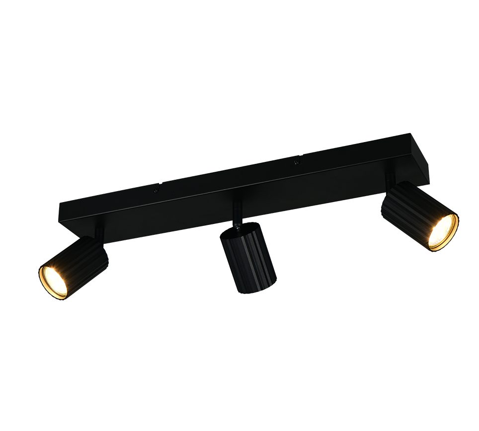 barra con 3 spot orientabili in metallo nero opaco per illuminazione interna montaggio soffitto o parete