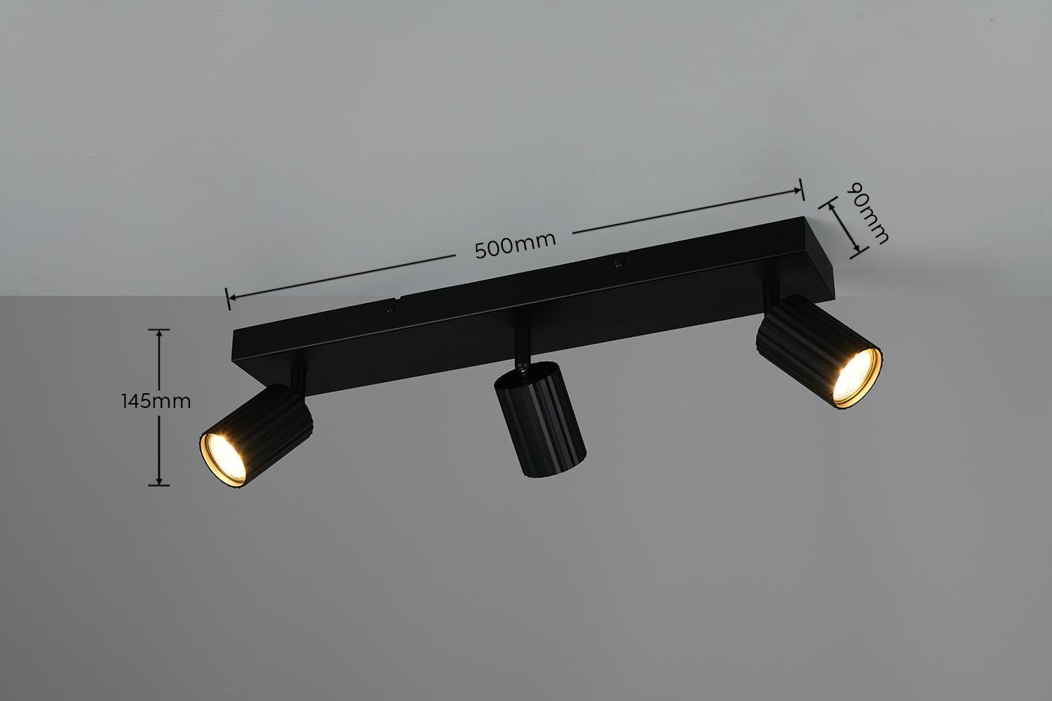 barra illuminazione a soffitto nera con tre spot regolabili dimensioni 50x14.5x9 cm