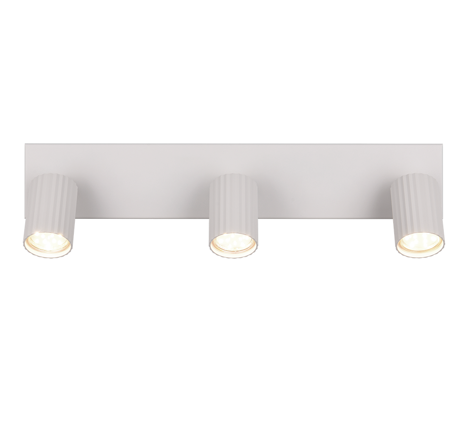 vista frontale barra faretto trio lighting 3 spot grigio caldo orientabili montaggio interno