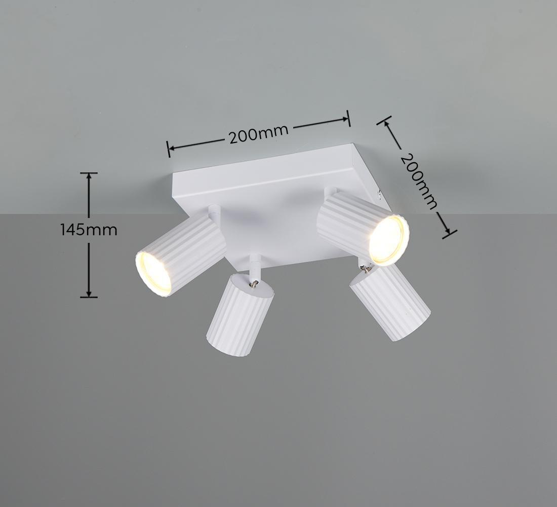 dettaglio plafoniera quadrata orientabile bianca con 4 spot regolabili montata a soffitto