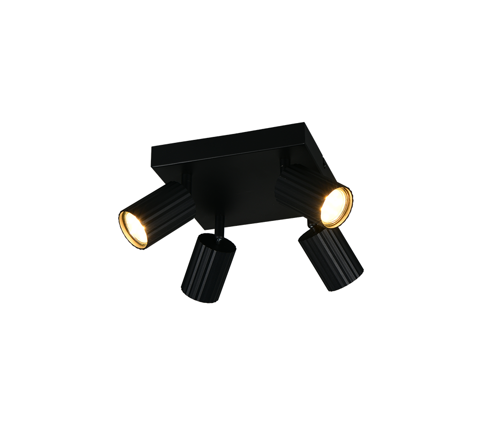plafoniera orientabile a 4 spot nero opaco montaggio soffitto parete metallo dimensioni 20x20 cm