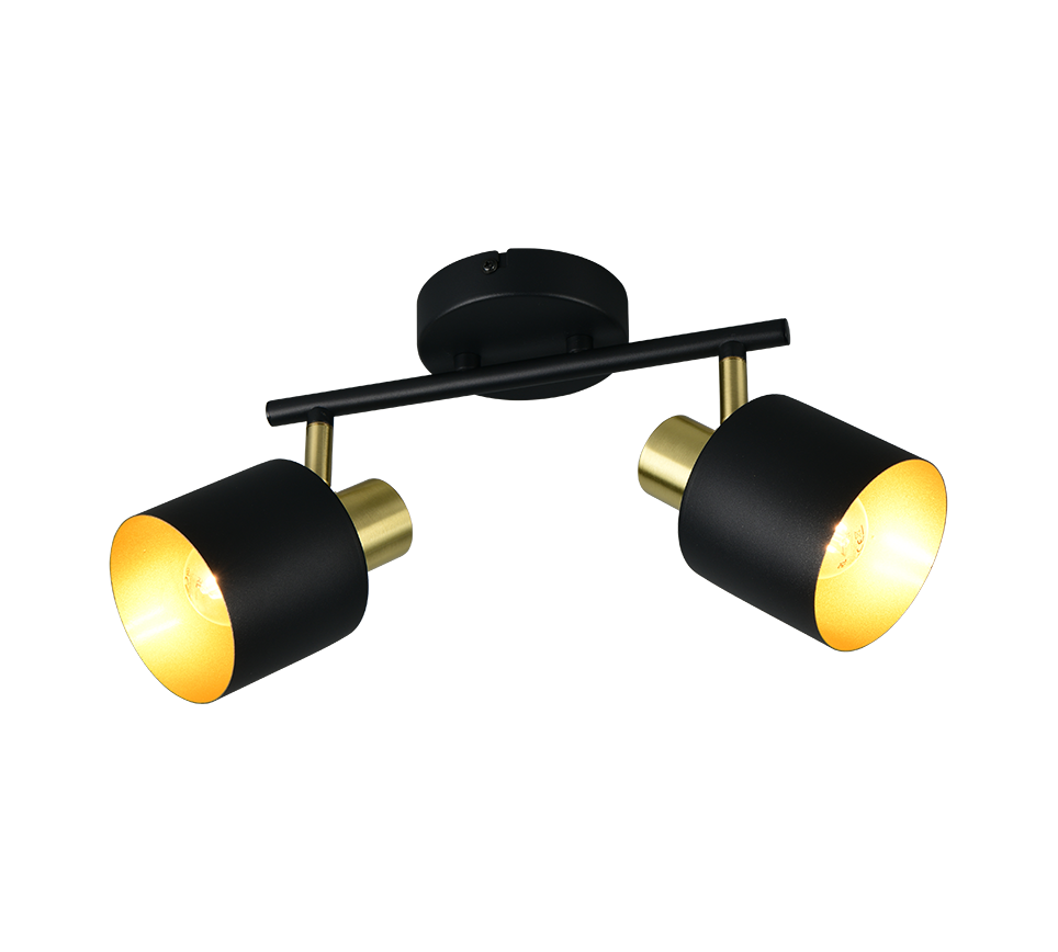 Barra faretto orientabile a due spot in metallo oro nero Trio Lighting per soffitto o parete design moderno