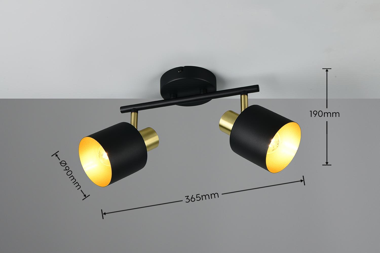 Faretto barra struttura metallo finitura oro nero due spot orientabili per montaggio a soffitto o parete