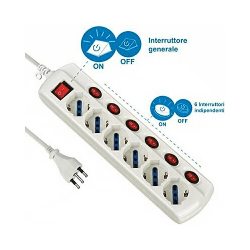 multipresa 6 prese universali con interruttore generale e 6 interruttori indipendenti electraline