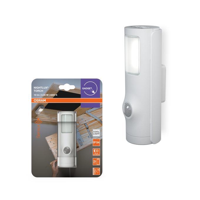 Torcia LED portatile OSRAM Nightlux Torch bianca con sensore movimento confezione e dettaglio prodotto