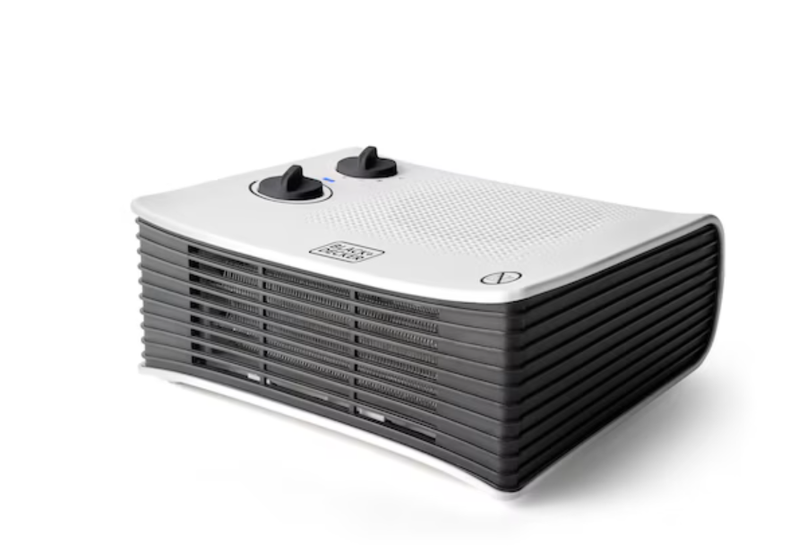 Termoventilatore Black Decker BXSH2001E posizionato orizzontalmente superficie bianca