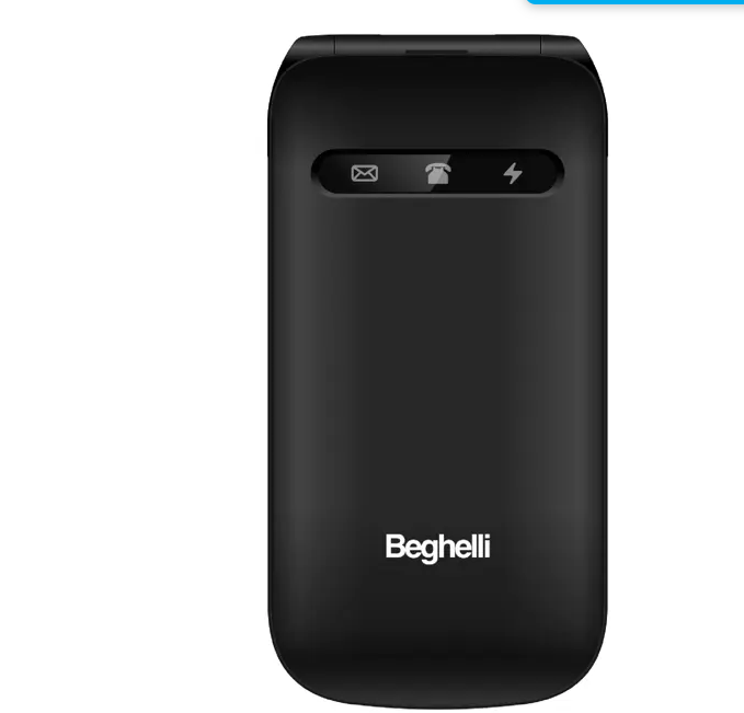 telefono cellulare flip Beghelli GSM nero con tasto SOS per anziani lato posteriore