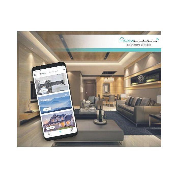 interfaccia app Homcloud per controllo dispositivi domotici antifurto in ambiente moderno