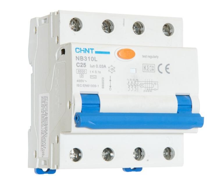 interruttore magnetotermico differenziale chint nb310l 4 poli con leva blu e pulsante test