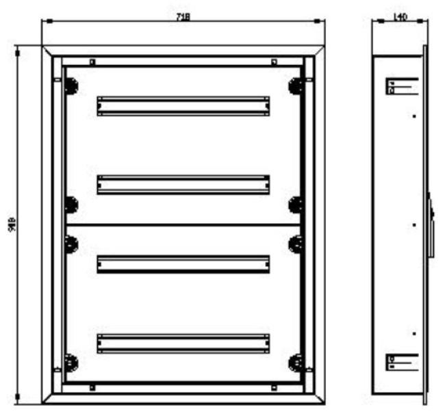 vista frontale quadro di distribuzione da parete da incasso 4 guide din 96 moduli