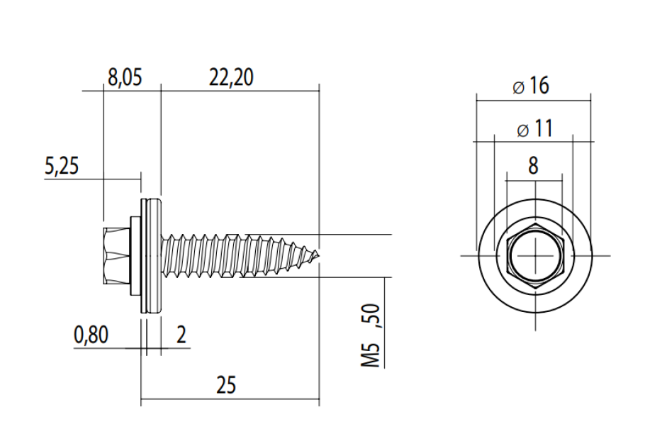 disegno tecnico vite bimetallica autofilettante 55x25 quote e diametri