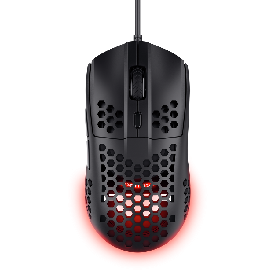 mouse gaming top view design traforato pulsanti laterali illuminazione rossa