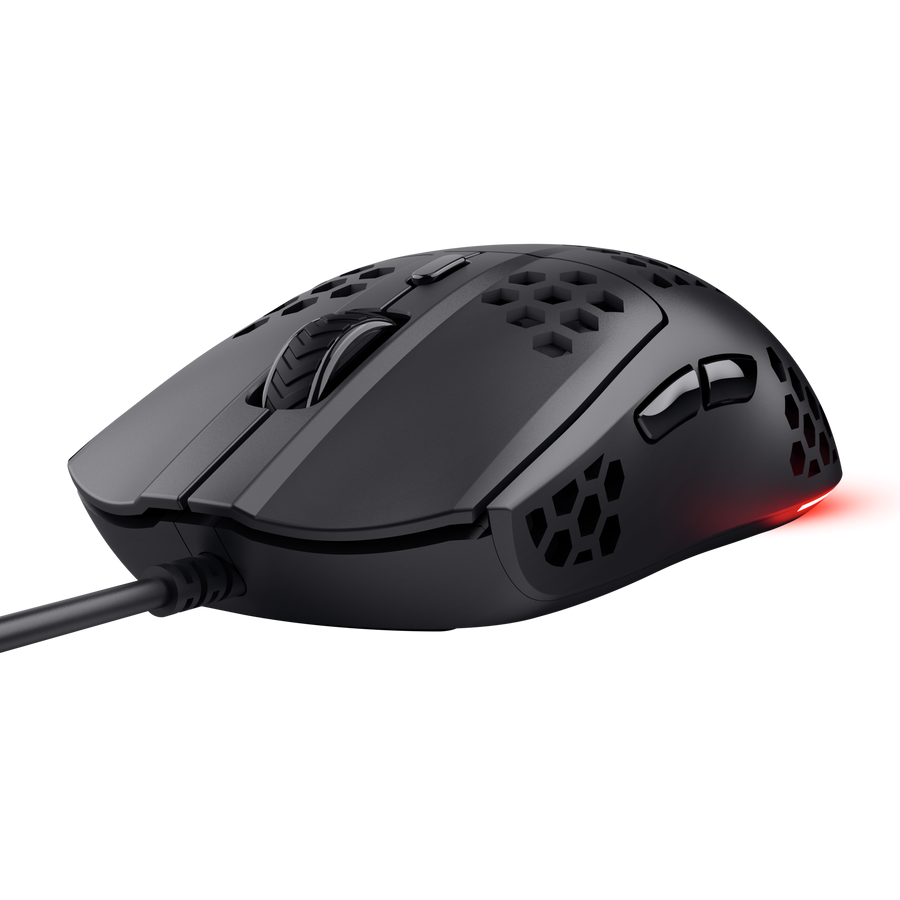 mouse cablato gaming con design perforato in evidenza cavo e illuminazione