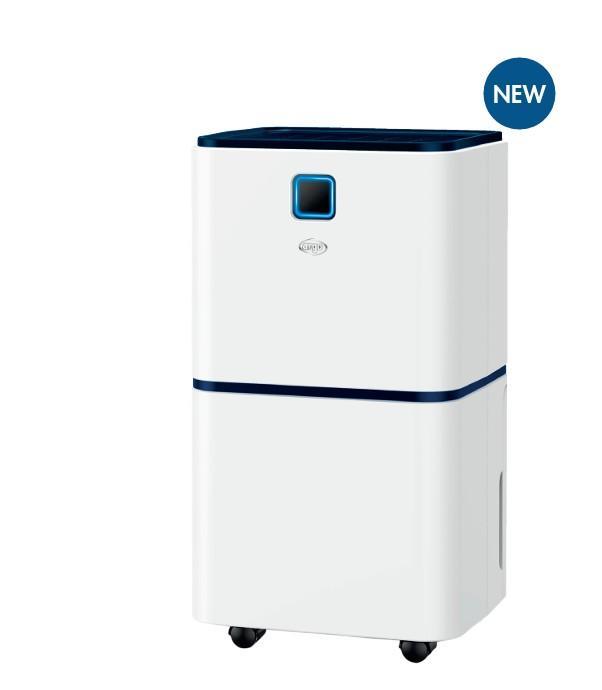 deumidificatore compatto bianco opaco con dettagli blu e led frontale