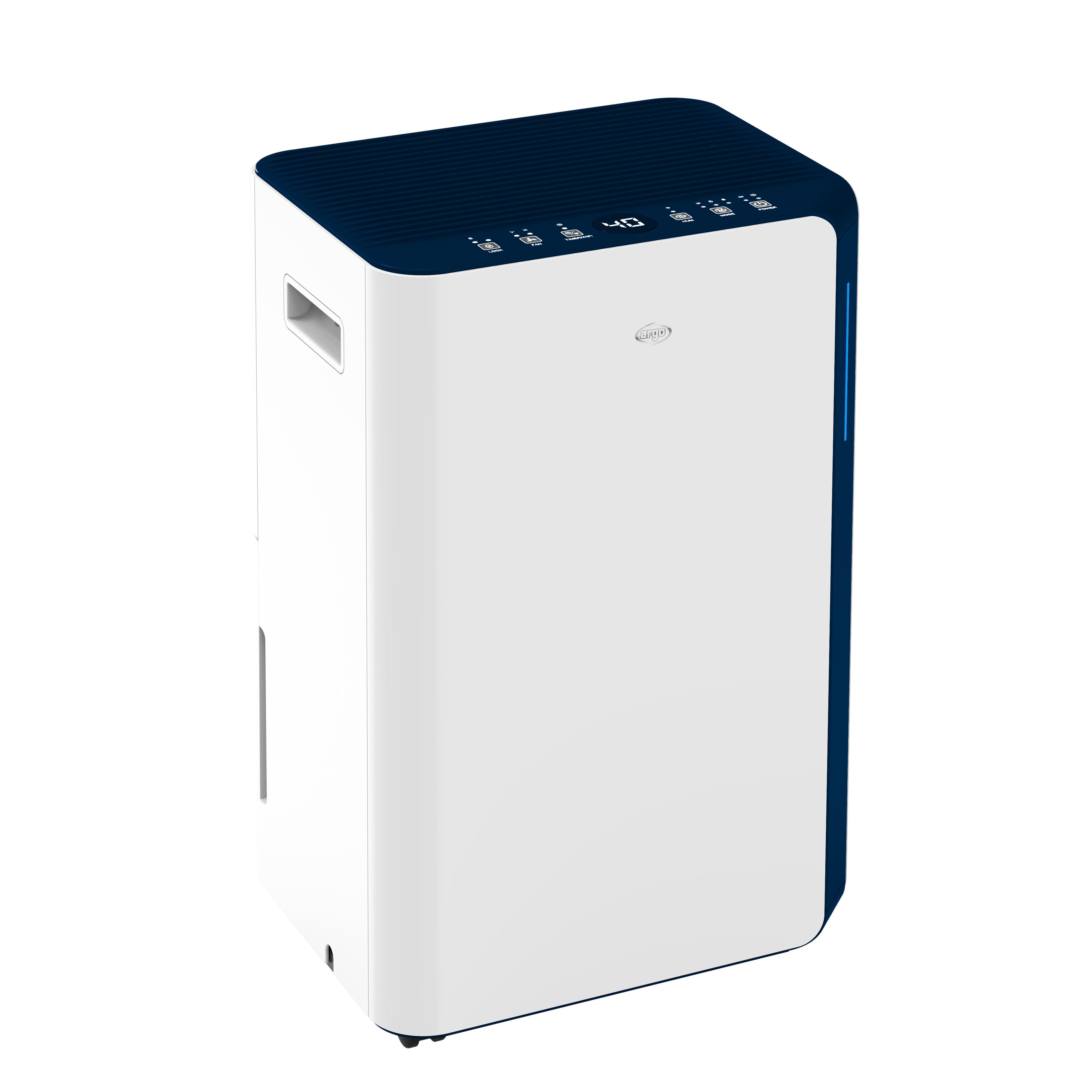deumidificatore wifi argo bianco matt con dettagli blu vista tre quarti