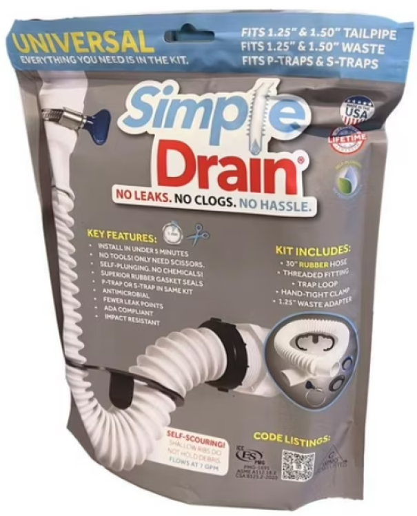 confezione kit sifone universale simple drain con tubo flessibile in gomma crushproof