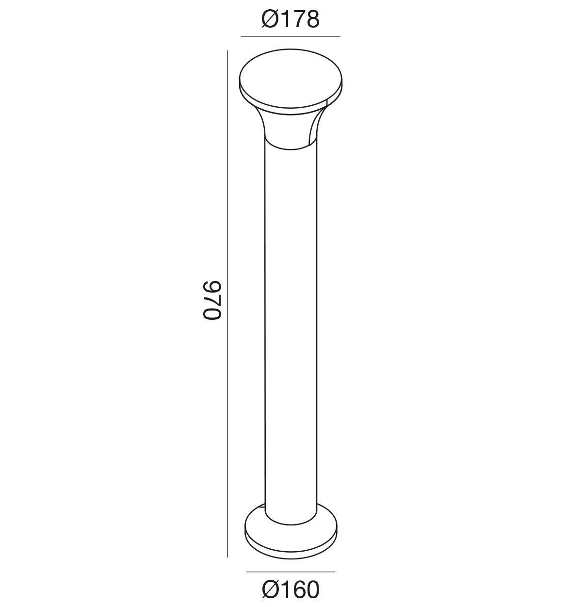 disegno tecnico paletto da esterno altezza 97 cm diametri 178 e 160 mm