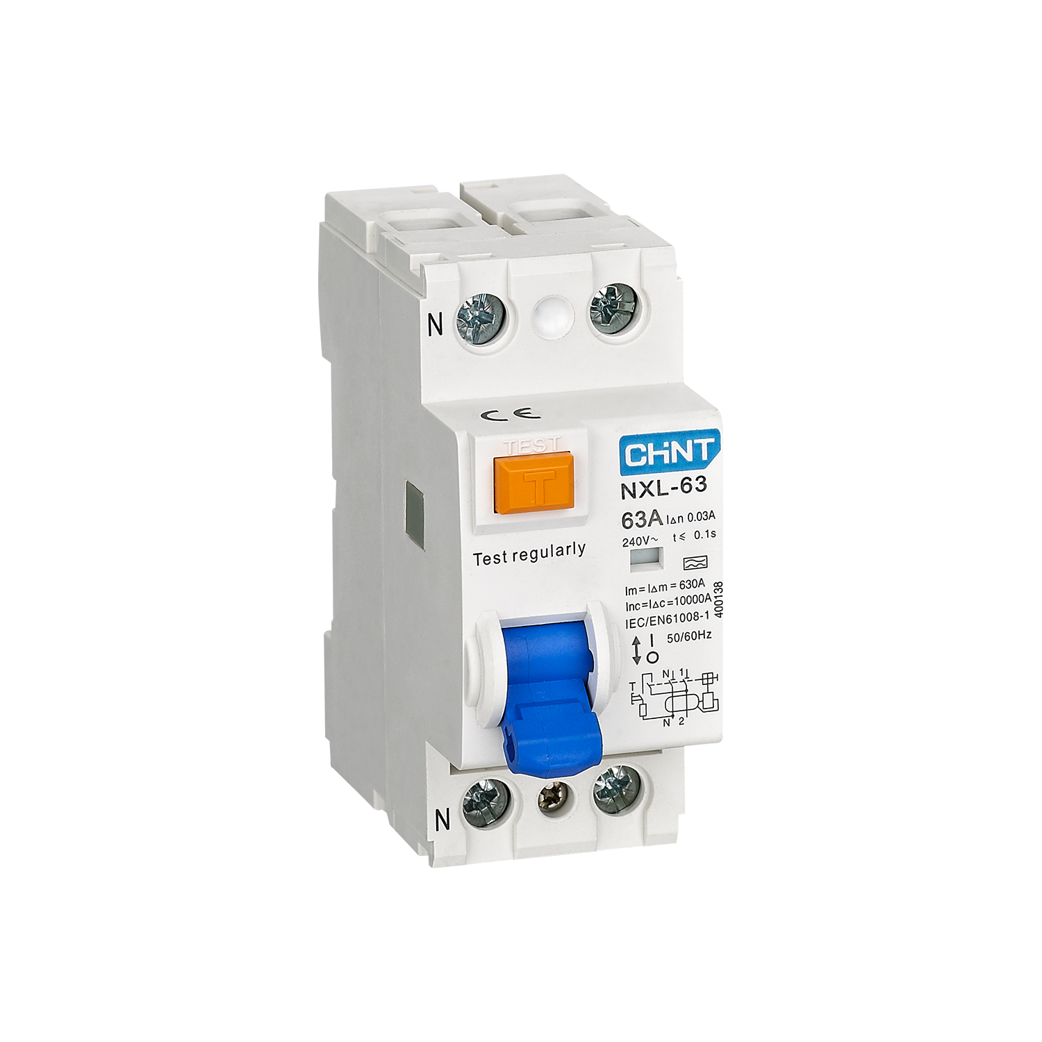 interruttore differenziale puro chint nxl 63 2p 40a 30ma vista frontale