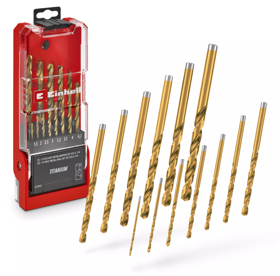 set punte hss g titanio 13 pezzi in custodia einhell con misure 15 x 6 2 x 2 6 cm