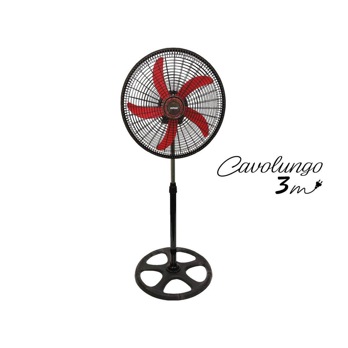ventilatore industriale a piantana con pale rosse e griglia nera