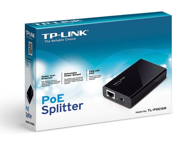 confezione splitter poe con dispositivo nero e brand tp link