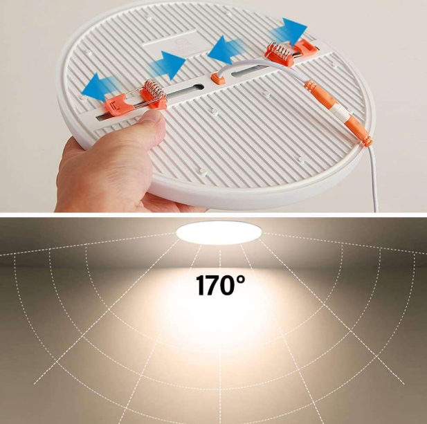 sistema di aggancio con molle e fascio luminoso 170 gradi plafoniera led tonda