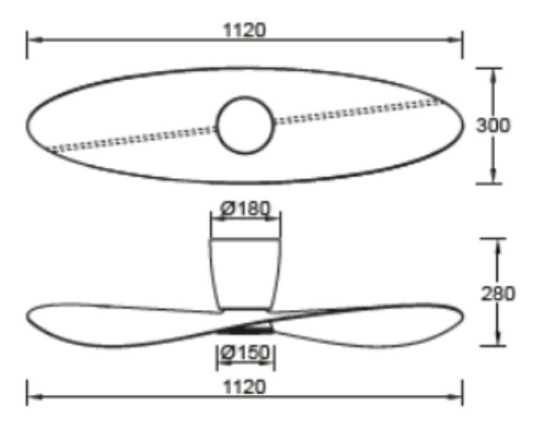 schema tecnico ventilatore da soffitto 1120 mm altezza 280 mm