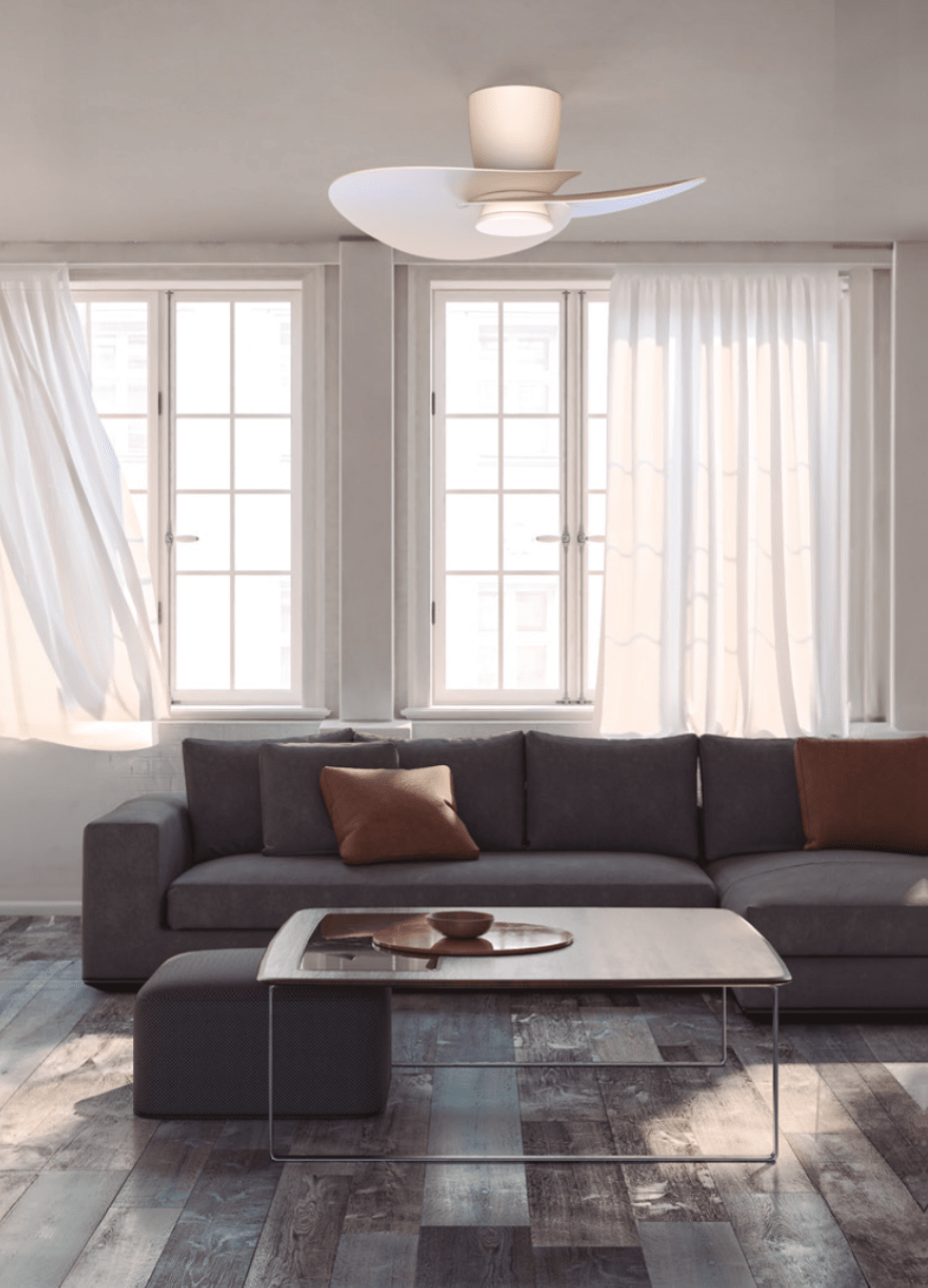 ventilatore da soffitto bianco con luce led integrata vista frontale