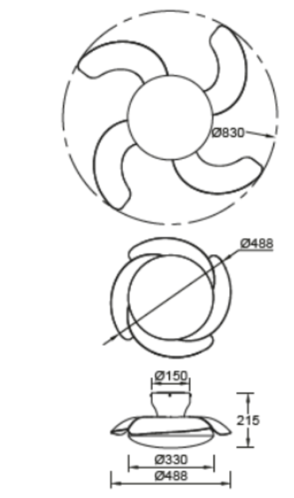 schema tecnico ventilatore plafoniera diametro 488 mm altezza 215 mm