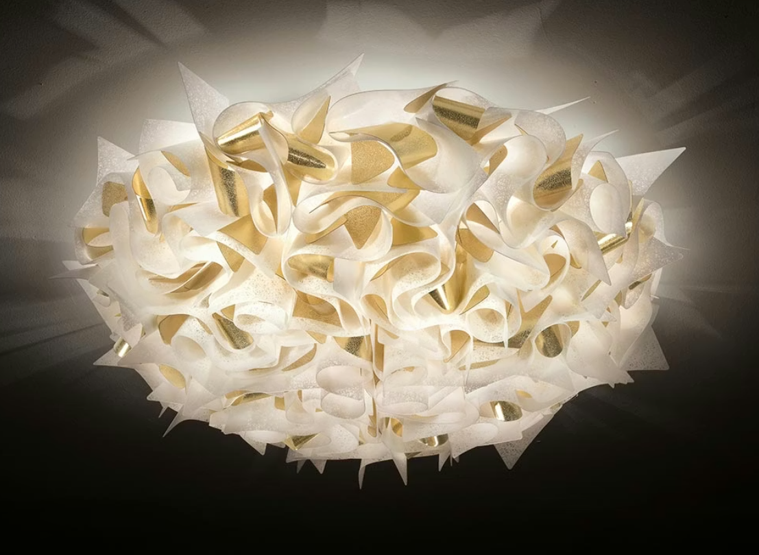 plafoniera slamp veli aurea white gold luce accesa dettaglio