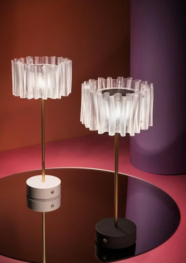 Lampade da tavolo a batteria con diffusore prisma e stelo in metallo