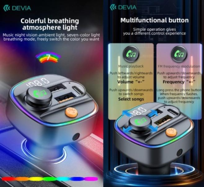 caricatore auto bluetooth con luce ambientale multicolore e comandi vivavoce devia