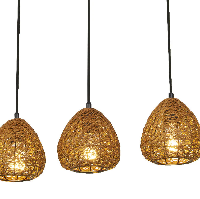 sospensione lineare tre luci e27 con diffusori a goccia in carta intrecciata