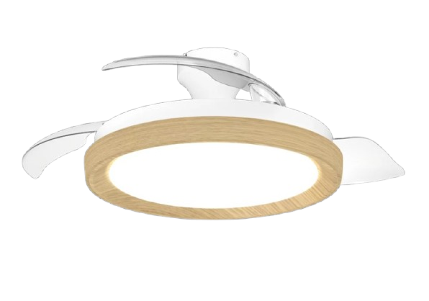 ventilatore a soffitto con plafoniera led bianco e finitura legno