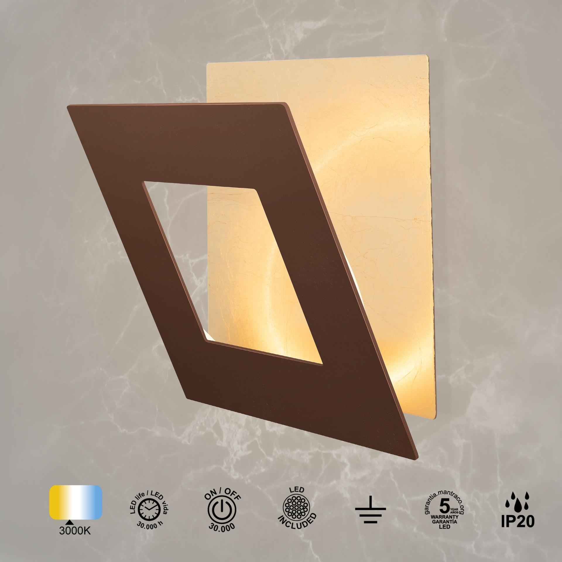 dettaglio applique led parete finitura corten e oro luce calda 3000k
