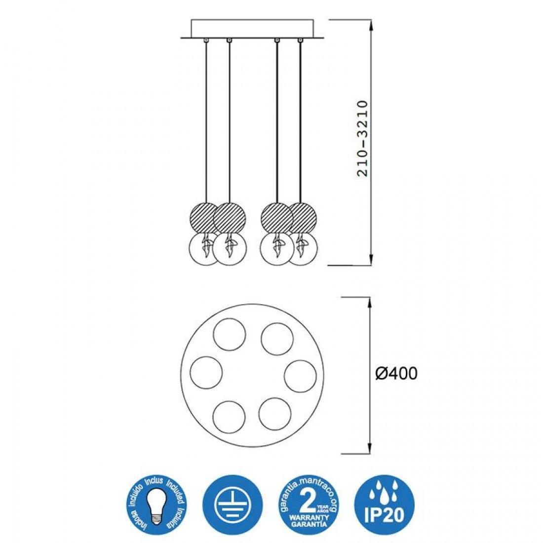 lampadario a sospensione 6 luci e27 a cascata per soggiorno con sfere e diffusori bianchi