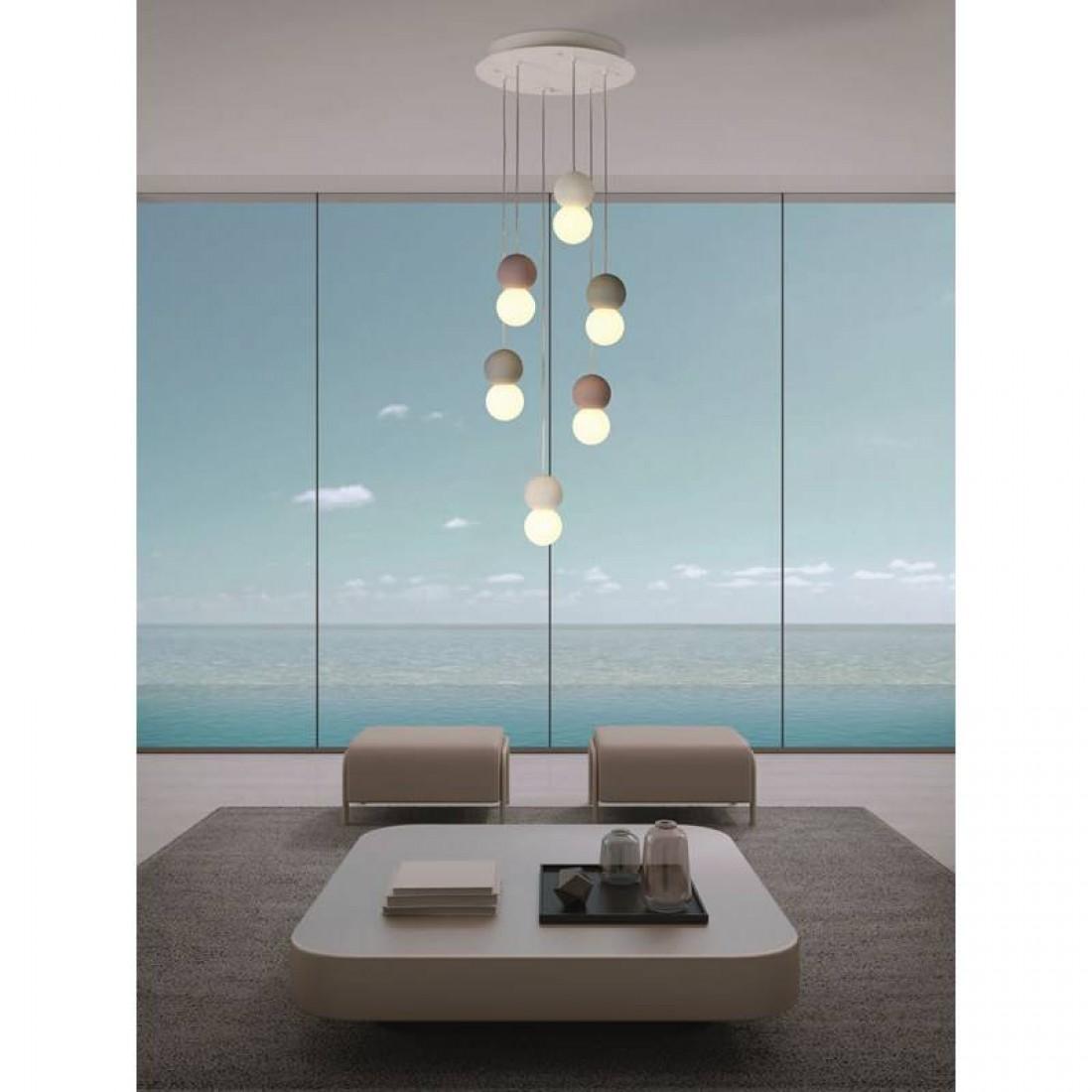 lampadario a sospensione 6 luci e27 con rosone rotondo bianco e pendenti a diverse altezze