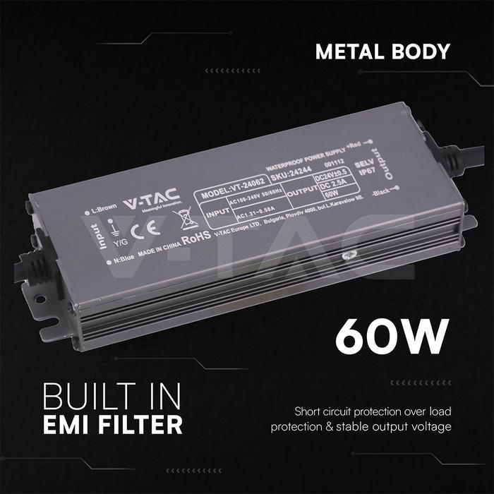 alimentatore led 60w corpo in metallo con filtro emi integrato v tac