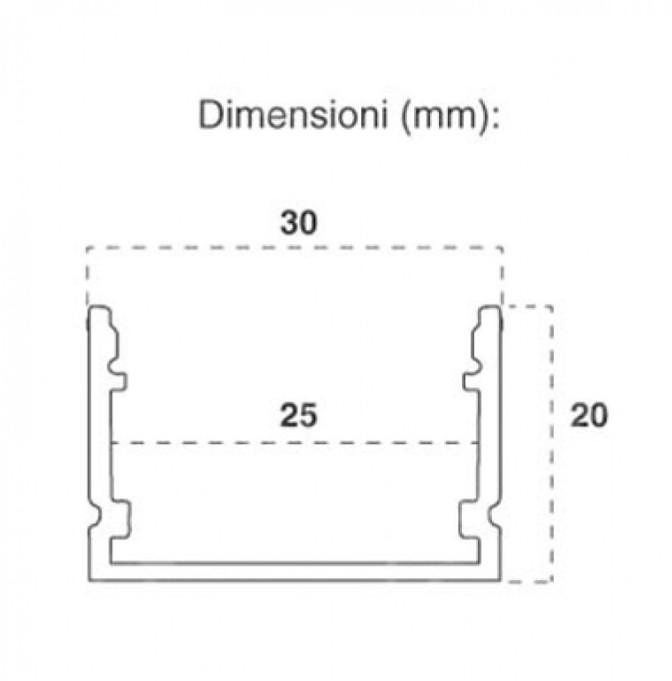 disegno tecnico sezione profilo alluminio 30x20 mm per strip led 25 mm