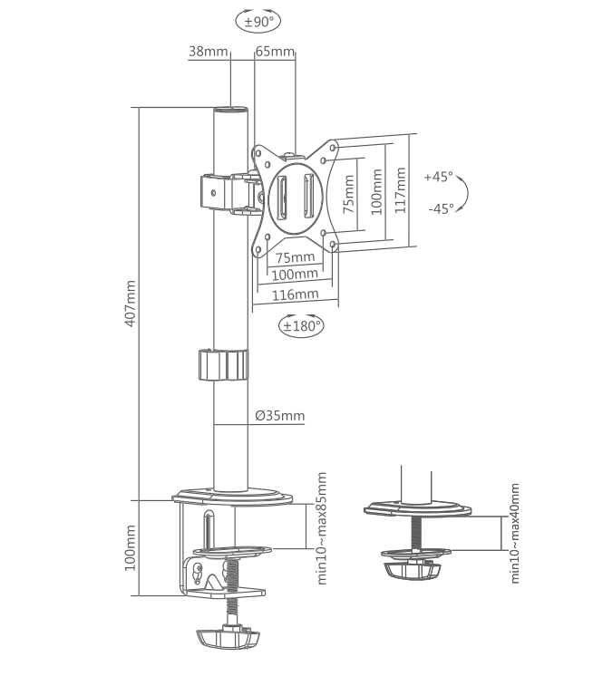 disegno tecnico supporto monitor da tavolo con misure e movimenti regolabili