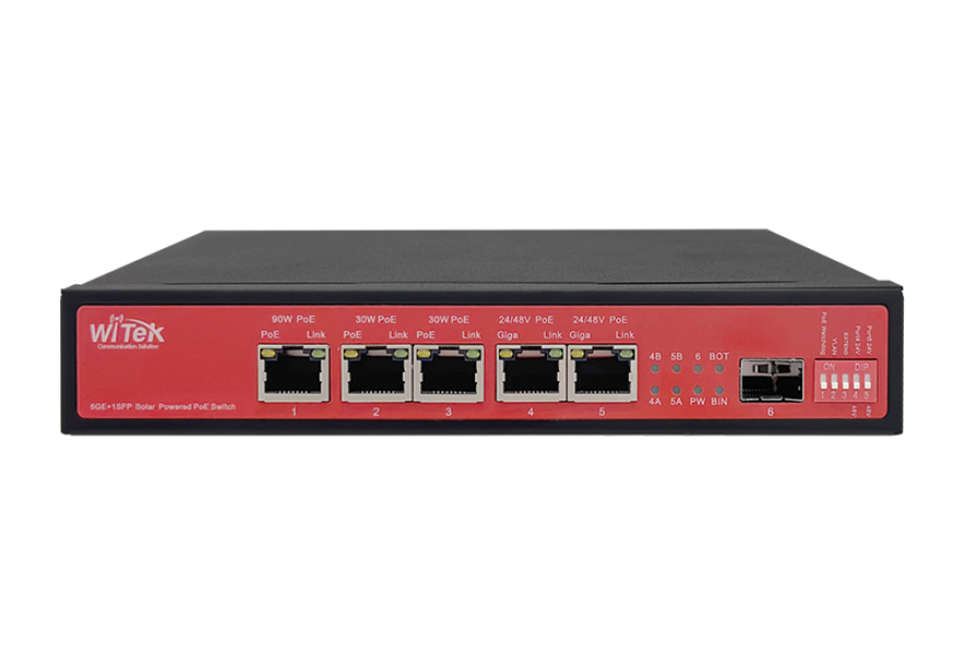 switch poe solare pannello frontale con 5 porte poe e 1 sfp