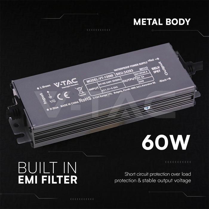 alimentatore led v tac corpo in metallo 60w con filtro emi integrato