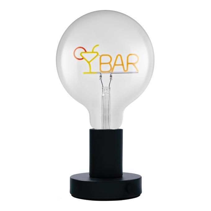 lampada da tavolo nera con lampadina led scritta bar effetto neon