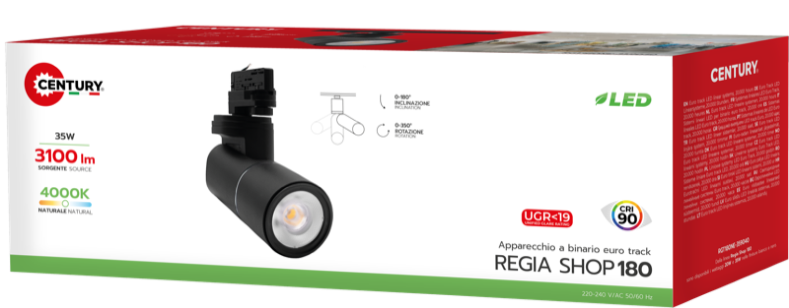 confezione faretto led da binario century regia shop 180 35w 4000k